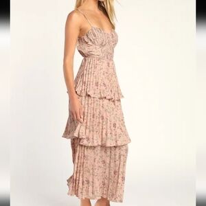 Lulu's Cascading Crush blush pink floral tiered sleeveless bustier midi dress